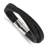 Chisel Stainless Steel Polished Multi Strand Black Leather 8.25 inch Bracelet
